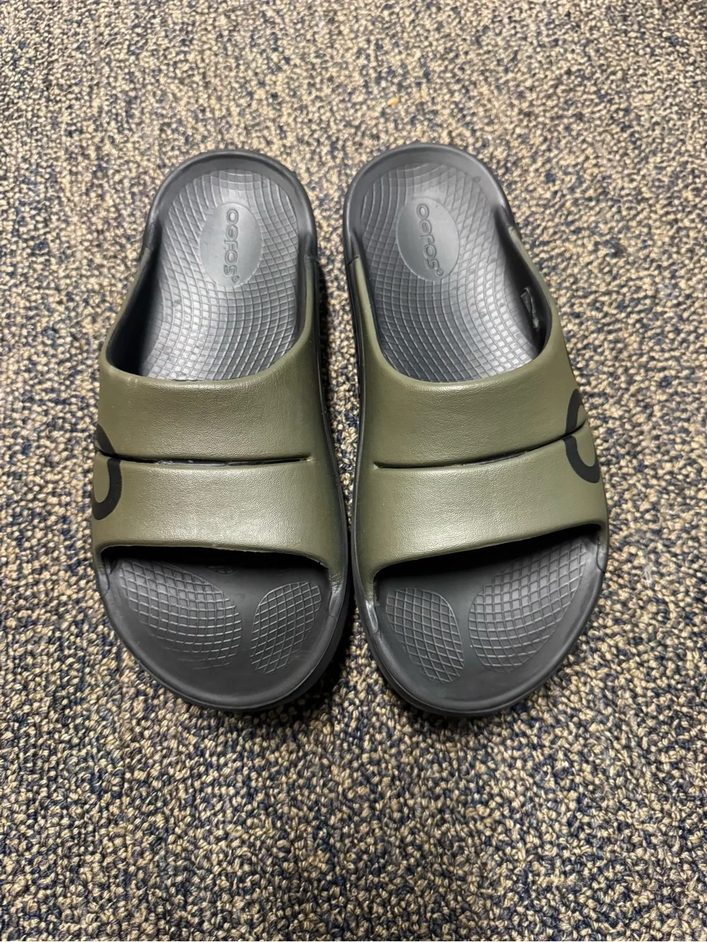 OOFOS Olive Green and Black Slide Sandals